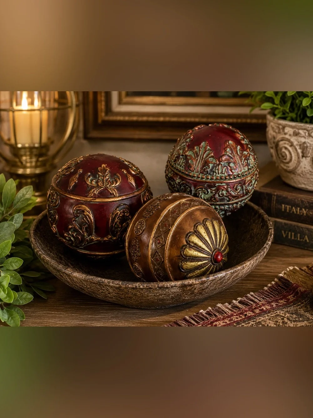 Pier 1 Imports Ornate Decorative Orb Set of 3 | Embossed Spheres | Vintage